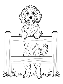 Free printable Goldendoodle Standing By A Wooden Fence coloring page