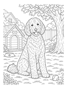 Free printable Fluffy Goldendoodle In Suburban Backyard coloring page