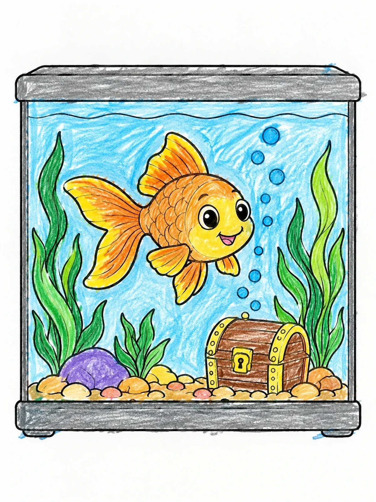Colored example of the Happy Goldfish In Aquarium Tank coloring page