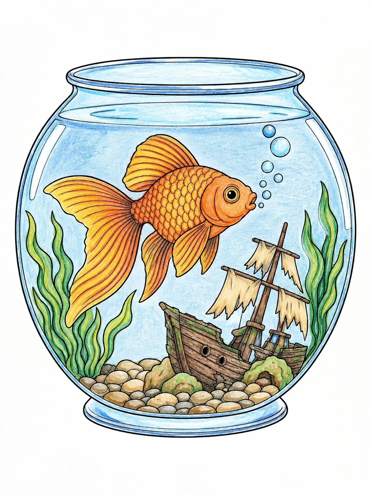Colored example of the Goldfish In Bowl With Shipwreck coloring page