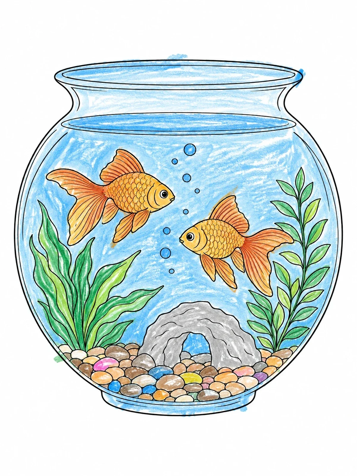 Colored example of the Goldfish In Round Glass Bowl coloring page