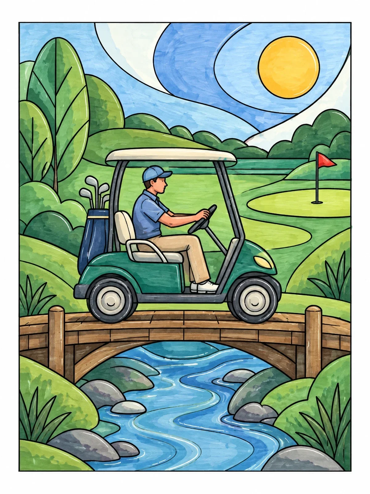 Colored example of the Golf Cart On A Course Bridge coloring page