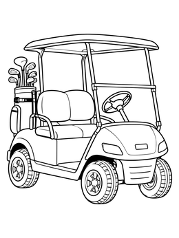 A detailed golf coloring page showing a modern golf cart loaded with a bag of clubs.