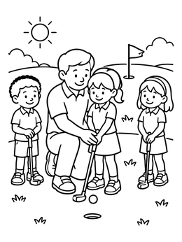 A friendly instructor assists a girl in this golf coloring page.