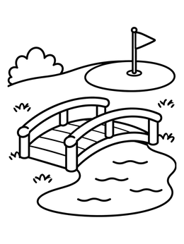 A simple golf coloring page with a wooden bridge over water leading to a flag.