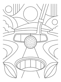 A putter club lines up a ball above the hole in this golf coloring page.