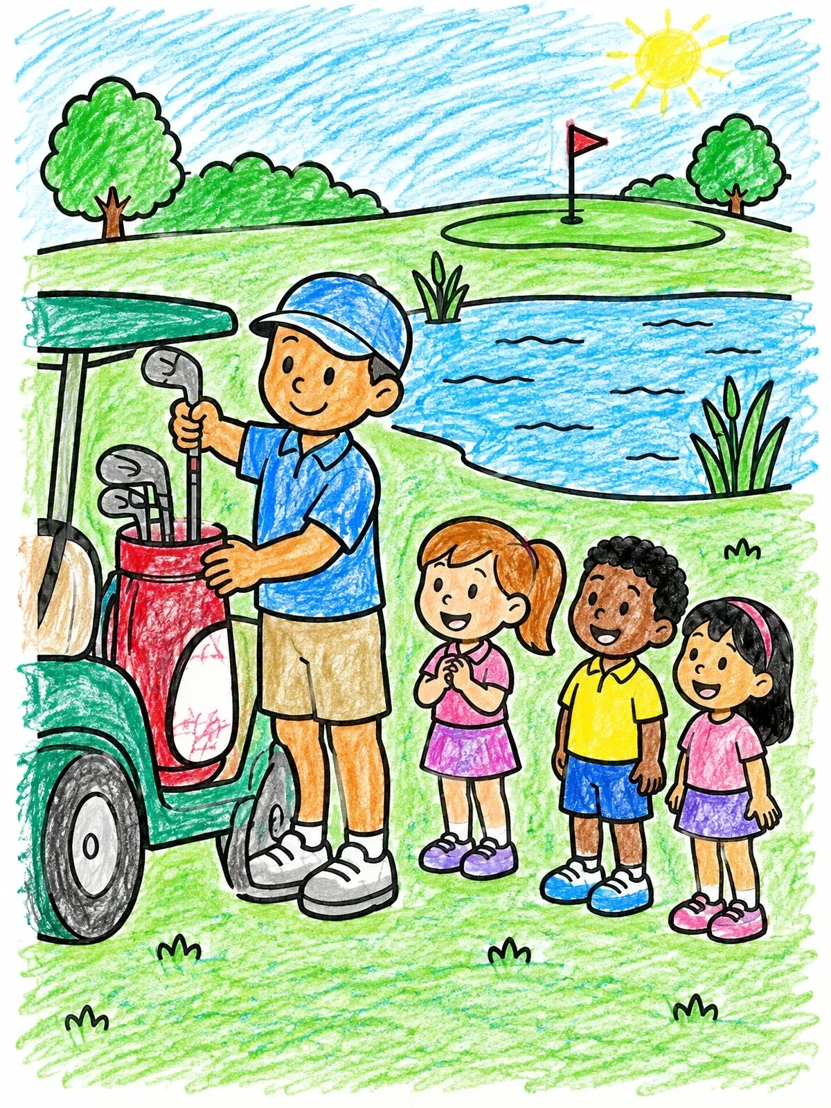 Colored example of the Golfer Teaching Children At Golf Cart coloring page