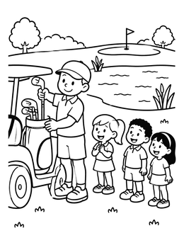Free printable Golfer Teaching Children At Golf Cart coloring page