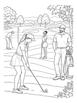 A group playing together on a golf coloring page.