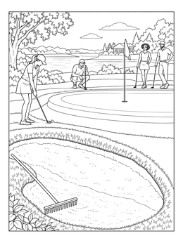 A detailed golf coloring page showing players near a bunker and a flag on the putting green.