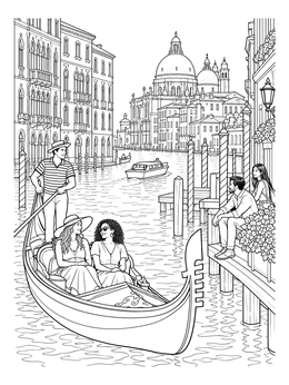 A venice coloring page featuring a gondola ride along the Grand Canal with historic palazzos.