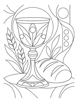 An ornate communion chalice and bread loaf in a good friday coloring page.