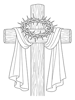 A good friday coloring page showing a crown of thorns resting on a wooden cross draped with cloth.