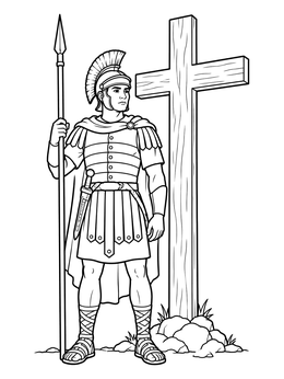 A Roman centurion holding a spear beside the cross in a Good Friday coloring page.