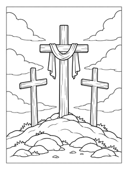 Three wooden crosses atop a rocky hill in this peaceful good friday coloring page.