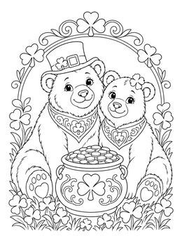 A cheerful pair of bears sits with a pot of coins on this good luck coloring page.