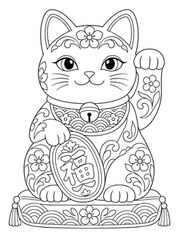 Detailed Japanese maneki-neko sitting on a cushion in this good luck coloring page.