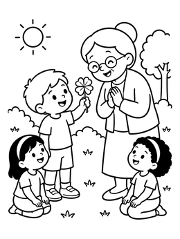 Free printable Boy Showing Four Leaf Clover To Grandmother coloring page