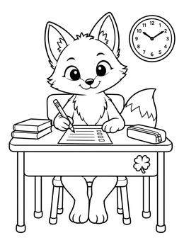 A cute fox writes an exam with a lucky clover sticker on this good luck coloring page.
