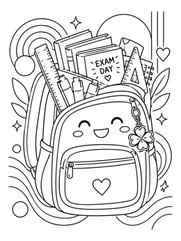 A cheerful backpack with school supplies in this good luck coloring page.