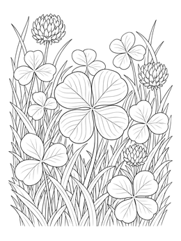 A good luck coloring page featuring a large four-leaf clover surrounded by clover blossoms and grass.