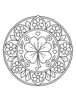 A four-leaf clover surrounded by flowers on this good luck coloring page.