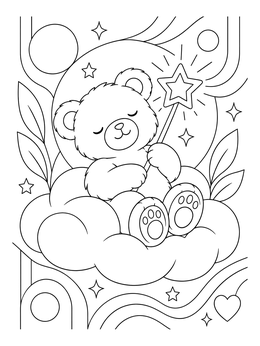 A cute teddy bear with a star wand resting on a fluffy cloud in this good luck coloring page.