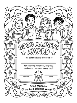 A good manners coloring page certificate featuring polite students, ribbons, and star badges.