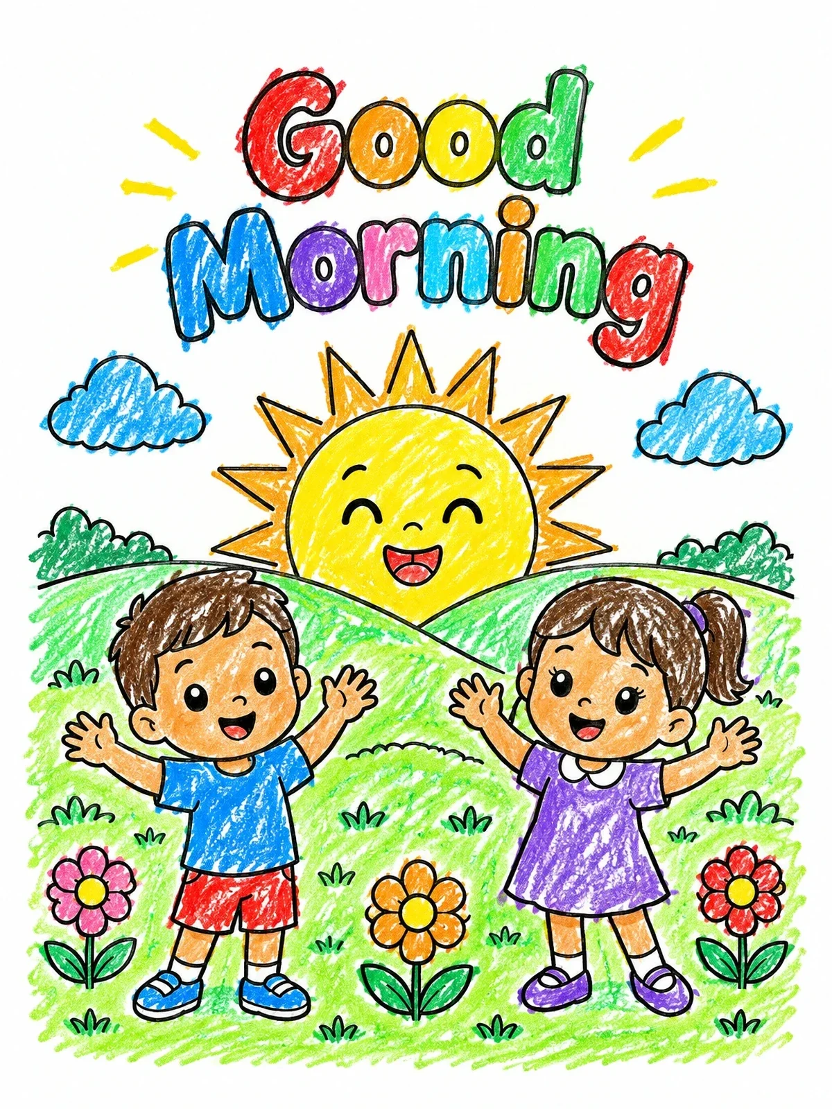 Colored example of the Cheerful Morning With Happy Kids coloring page