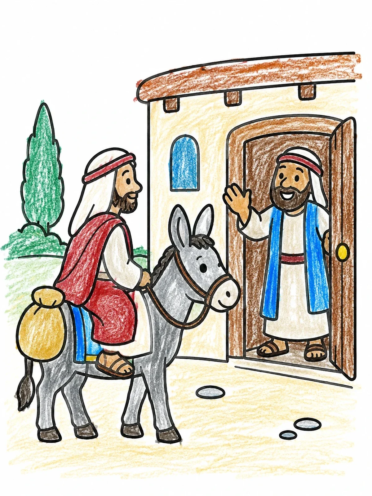 Colored example of the Good Samaritan Arriving At The Inn coloring page