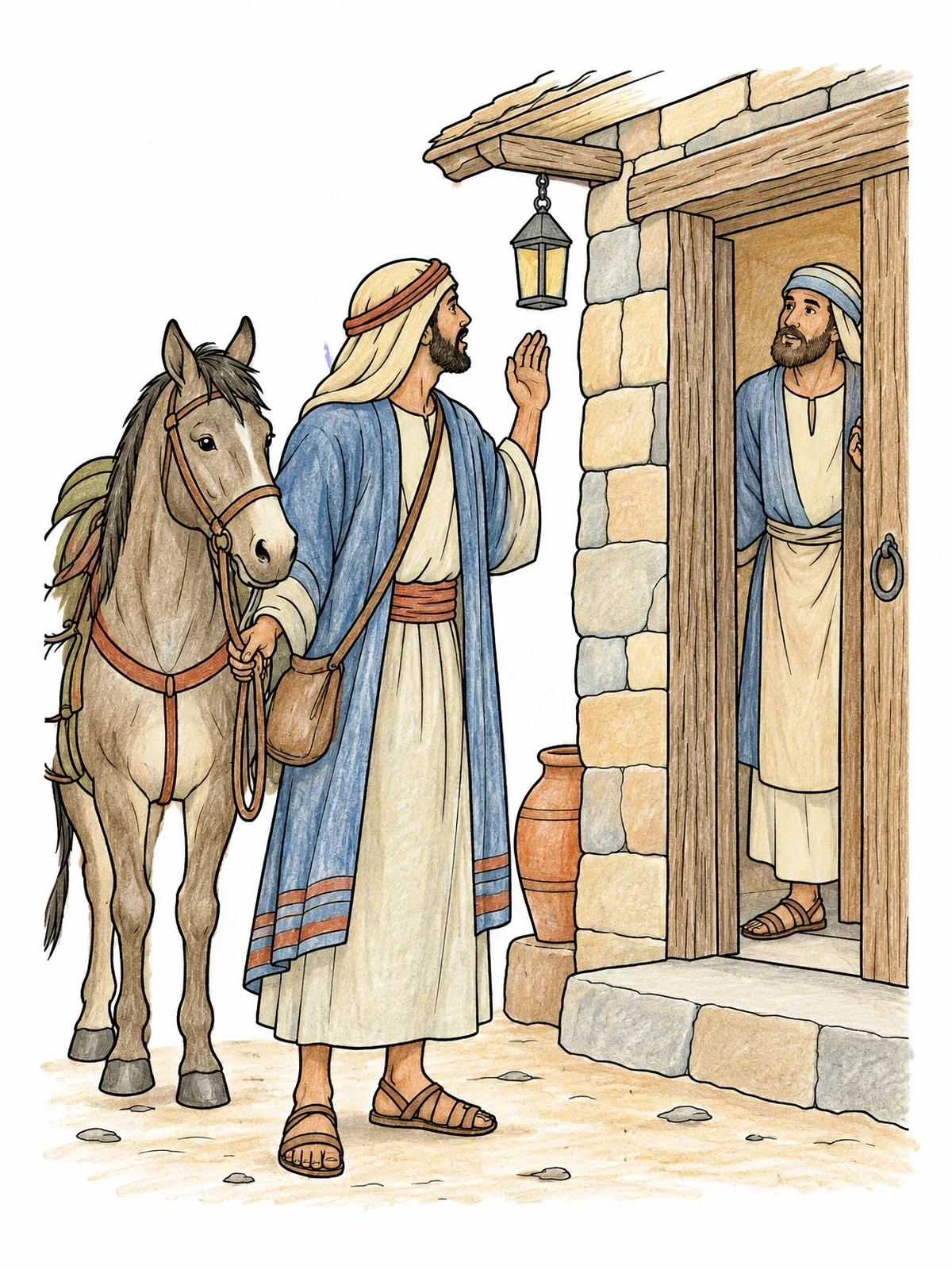 Colored example of the Good Samaritan Arriving At The Inn coloring page