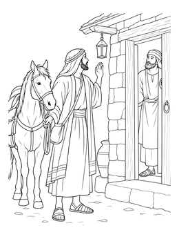 A good samaritan coloring page depicting a traveler with a horse greeting an innkeeper at an open doorway.