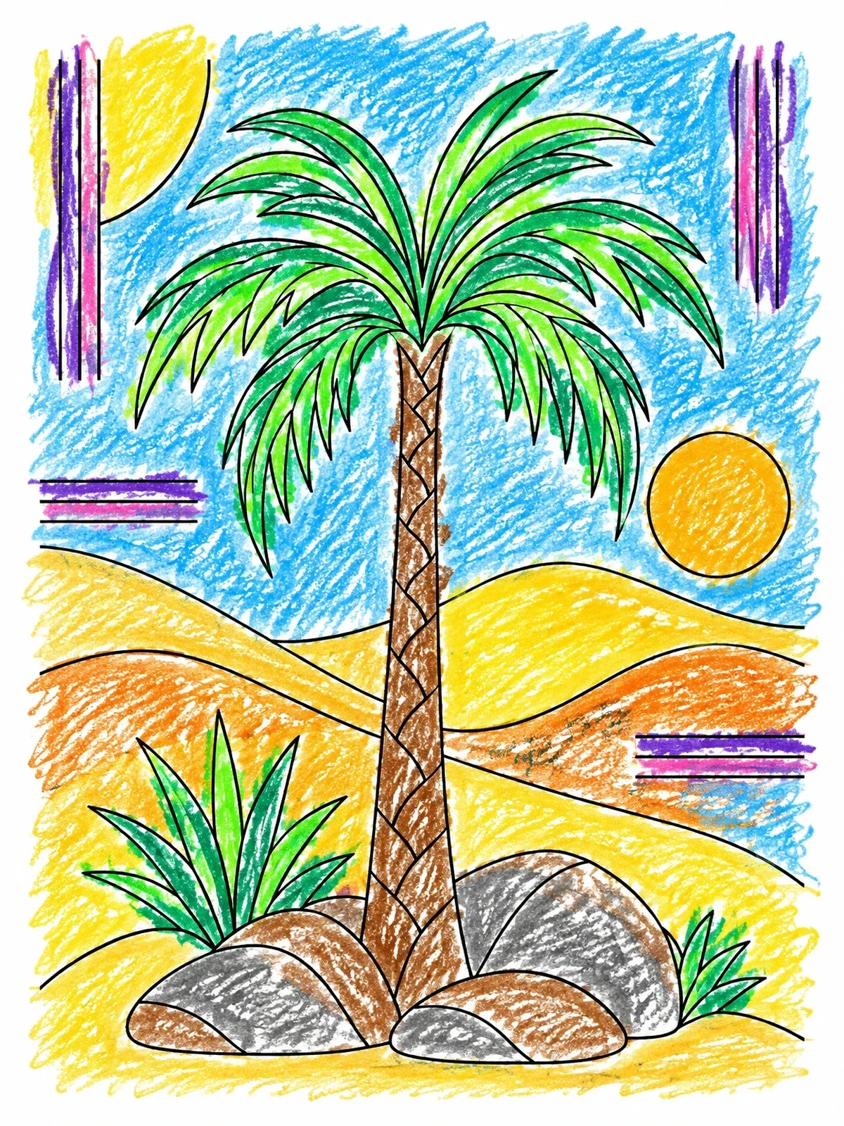Colored example of the Desert Palm Tree And Dunes coloring page