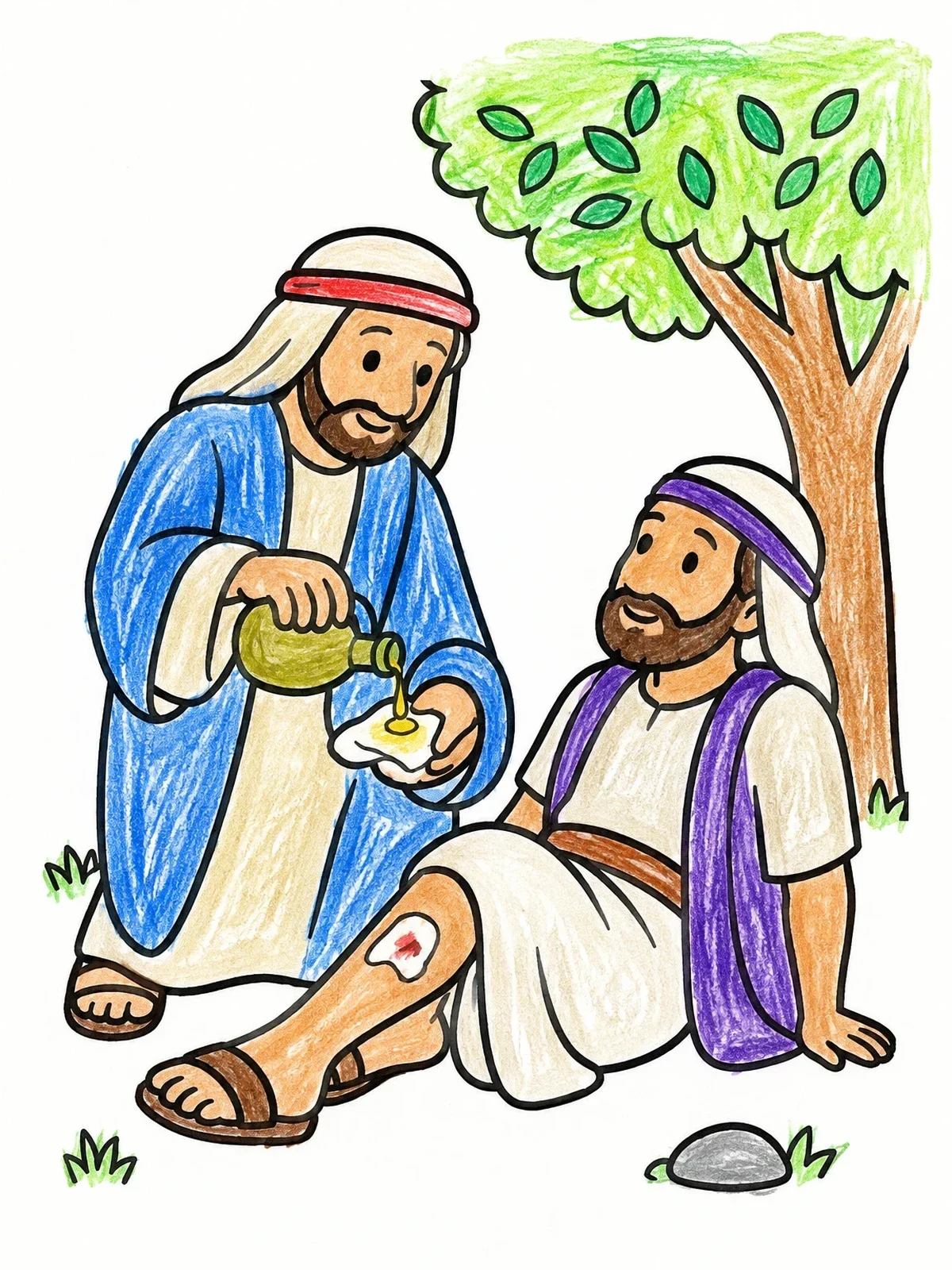 Colored example of the Good Samaritan Helping An Injured Traveler coloring page