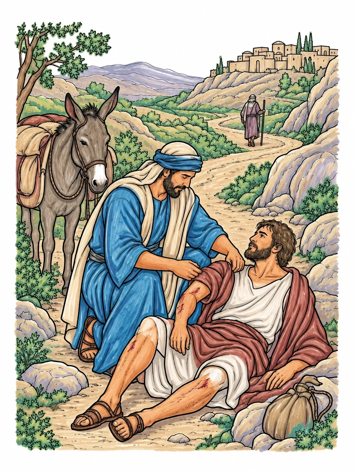 Colored example of the Good Samaritan Helping On The Road coloring page