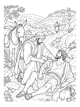 Detailed good samaritan coloring page showing a traveler tending to an injured man beside a donkey on a dusty path.