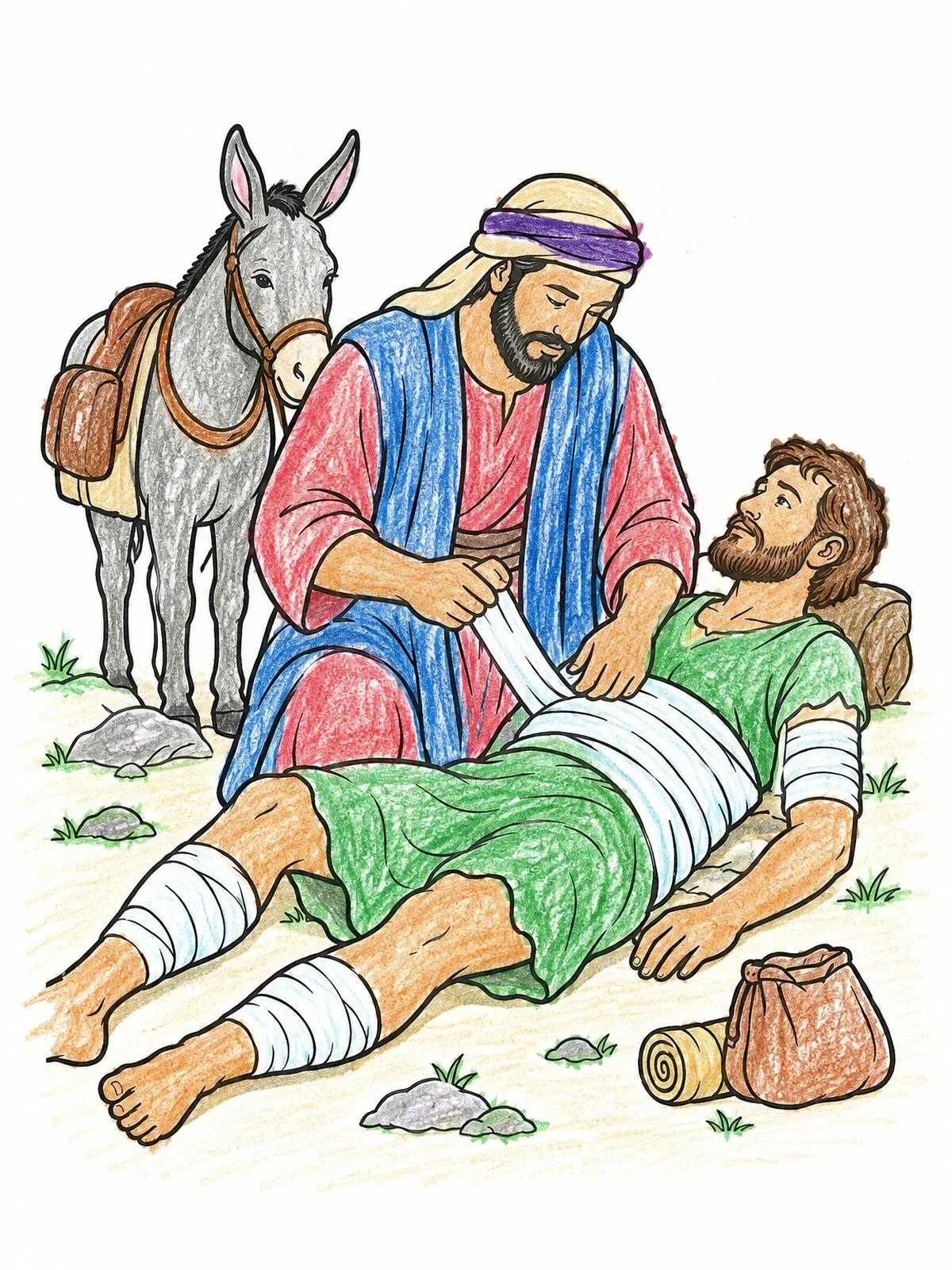 Colored example of the Good Samaritan Bandaging The Traveler coloring page