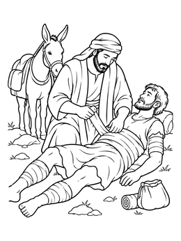 A detailed good samaritan coloring page showing a kind man tending to a wounded traveler beside a donkey.