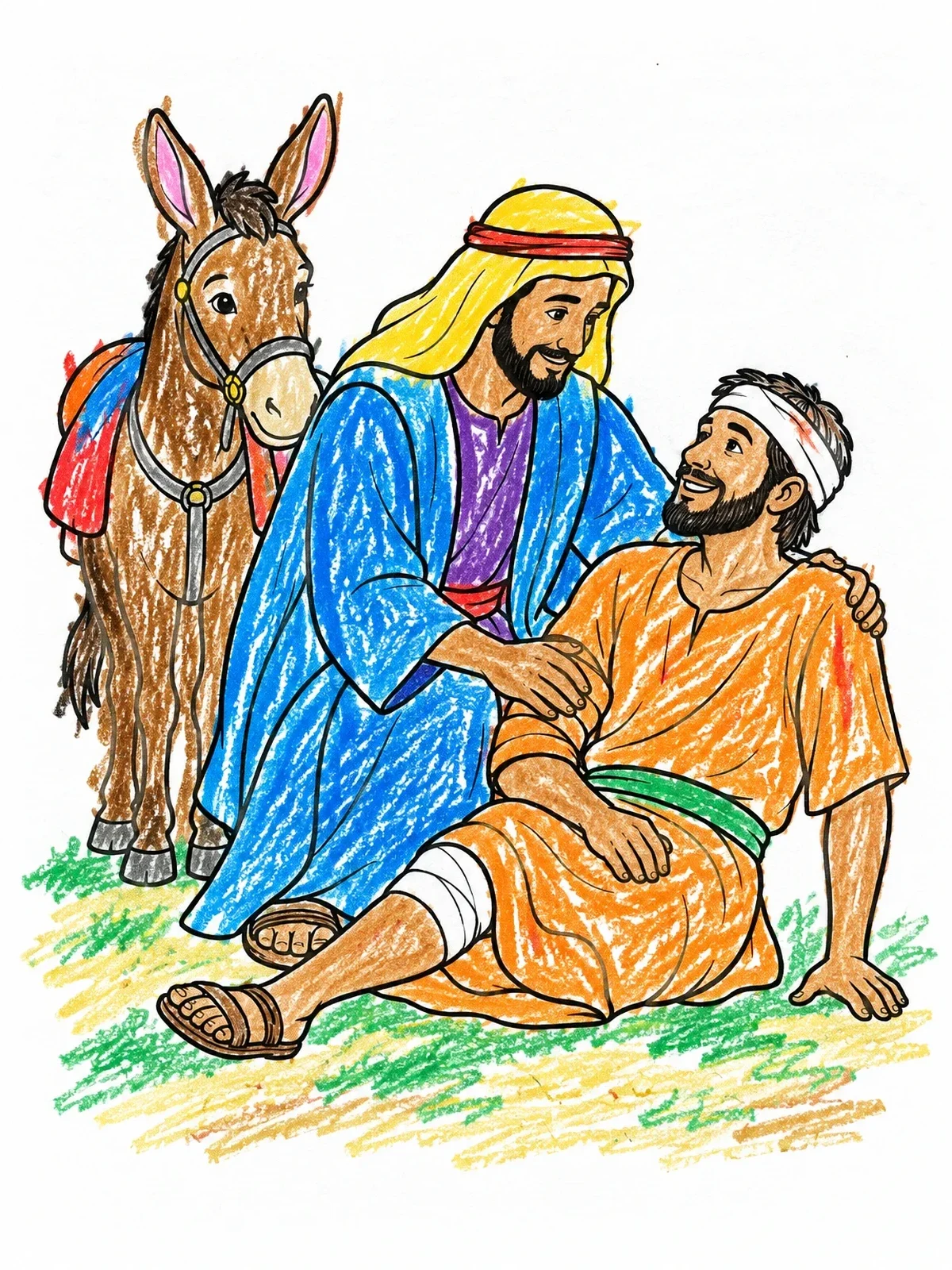 Colored example of the Good Samaritan Helping A Traveler coloring page