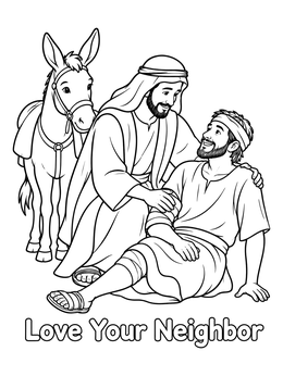 A kind man cares for an injured traveler in this good samaritan coloring page with a donkey.