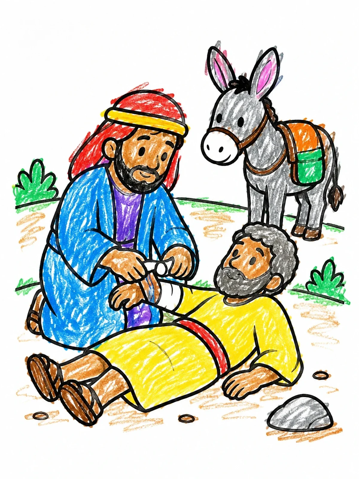 Colored example of the Good Samaritan Helping Injured Traveler coloring page