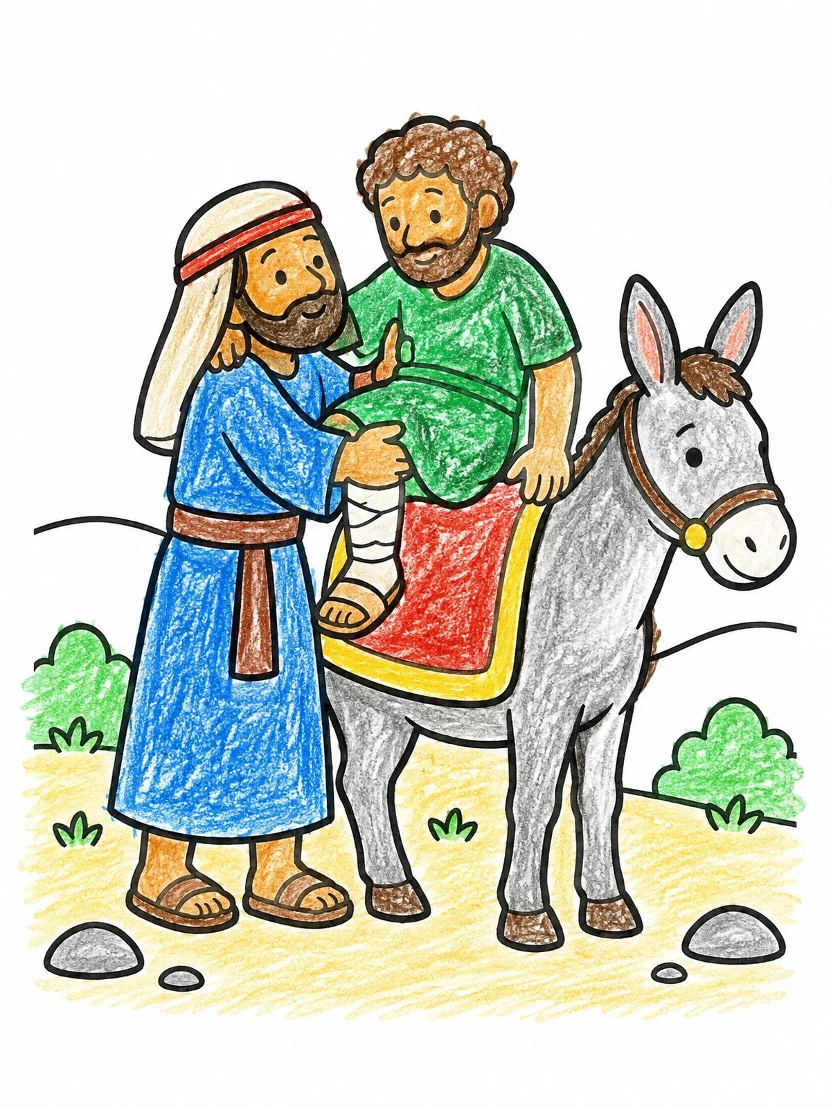 Colored example of the Good Samaritan Helping Traveler On Donkey coloring page