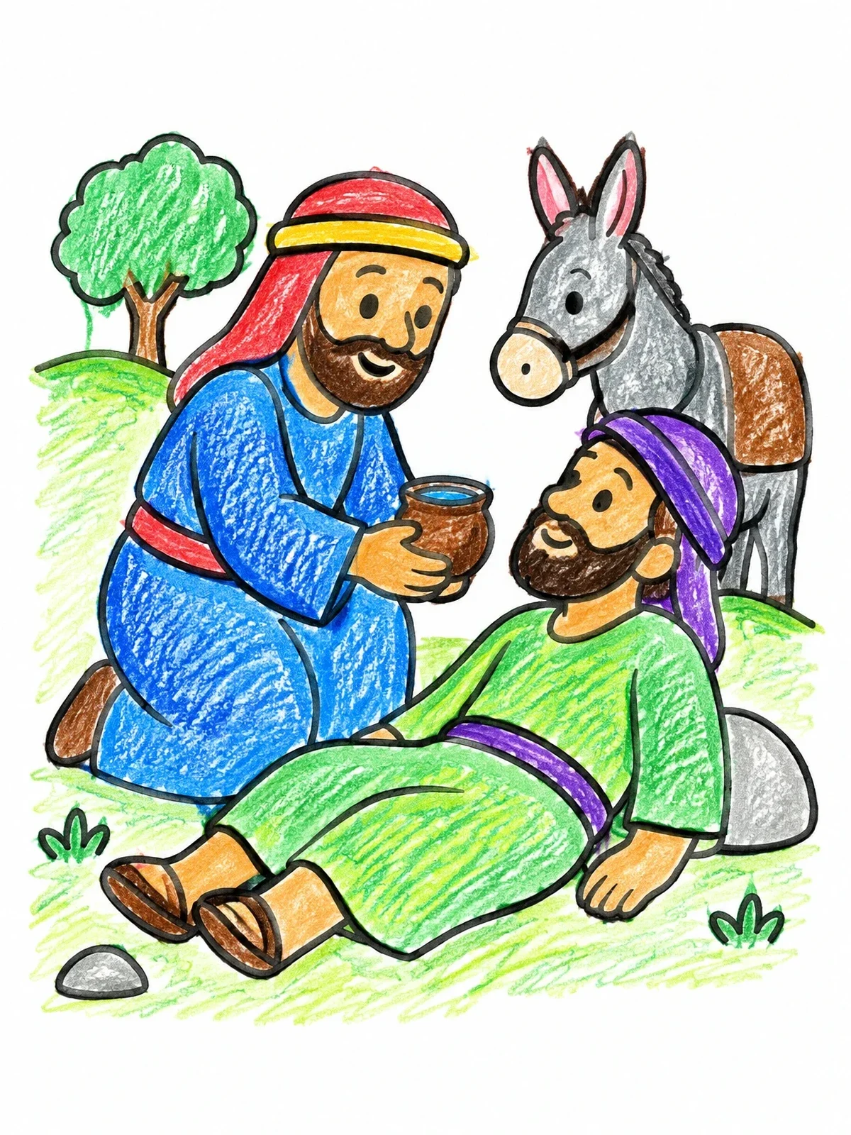 Colored example of the Good Samaritan Helping A Traveler coloring page