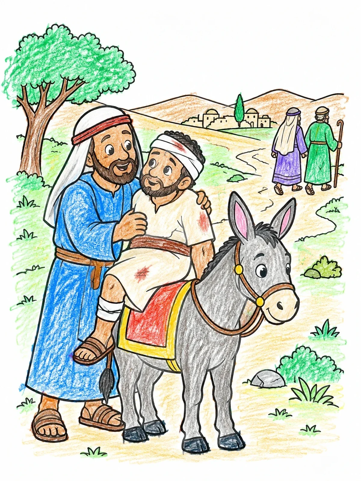 Colored example of the The Kind Good Samaritan And Donkey coloring page
