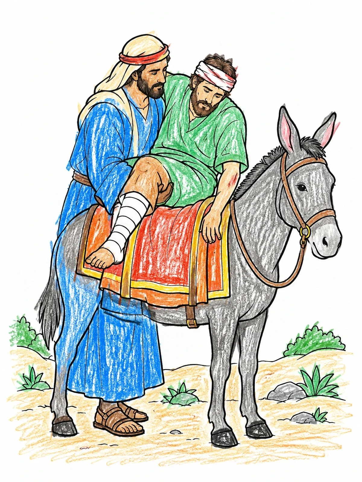 Colored example of the Good Samaritan Helping The Traveler Onto Donkey coloring page