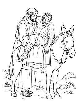 A good samaritan coloring page showing a kind man placing an injured traveler onto his donkey.