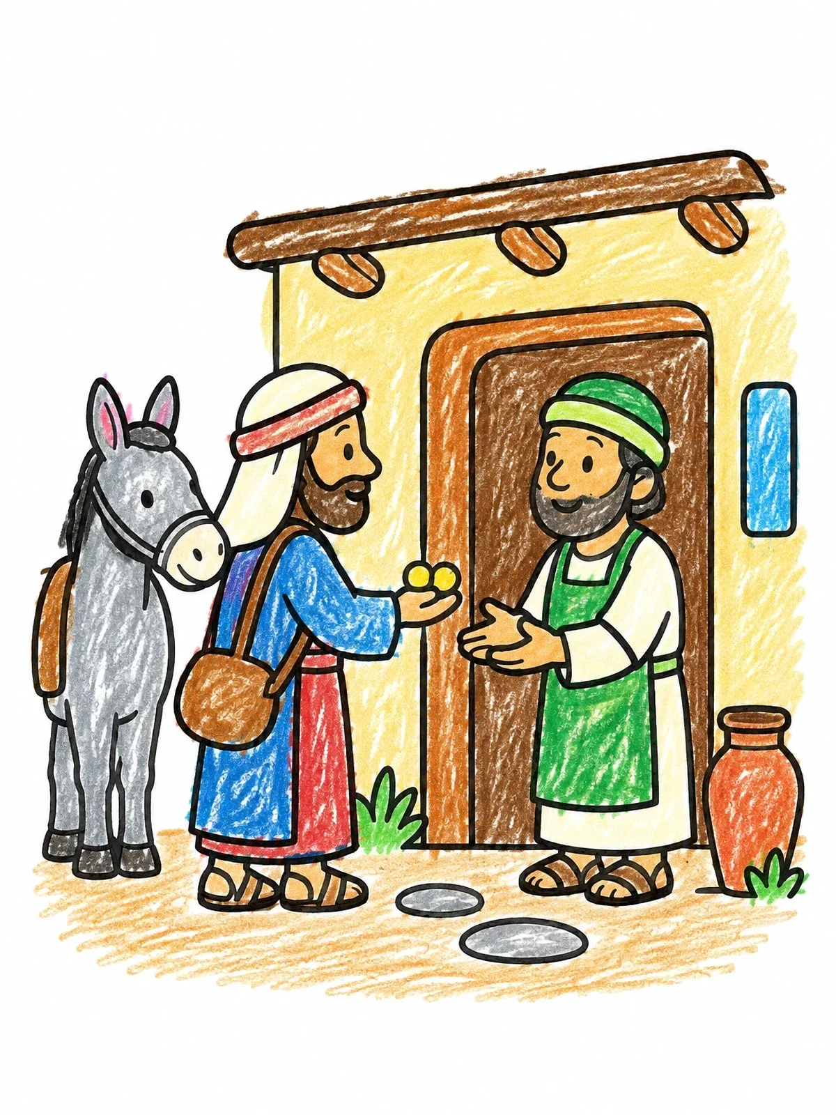 Colored example of the Good Samaritan Paying The Innkeeper coloring page