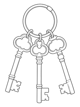 A good samaritan coloring page featuring three antique innkeeper keys hanging from a ring.