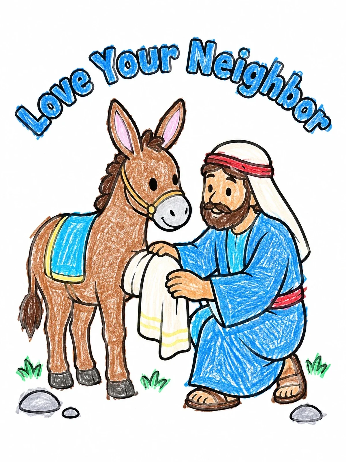 Colored example of the Kind Samaritan With Faithful Donkey coloring page