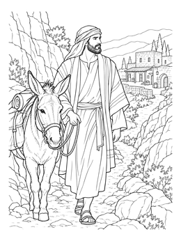 A detailed good samaritan coloring page showing a traveler leading his donkey along a rocky canyon path toward a town.